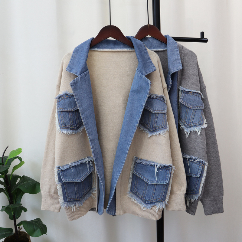 2025 New Autumn and Winter Denim Splicing Sweater Jacket Women's Design Loose Casual Versatile Knitted Cardigan Trendy