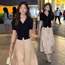 流光针织纱夏季两件套裤裙显瘦时尚2024冰丝气质女潮开衫套装短袖