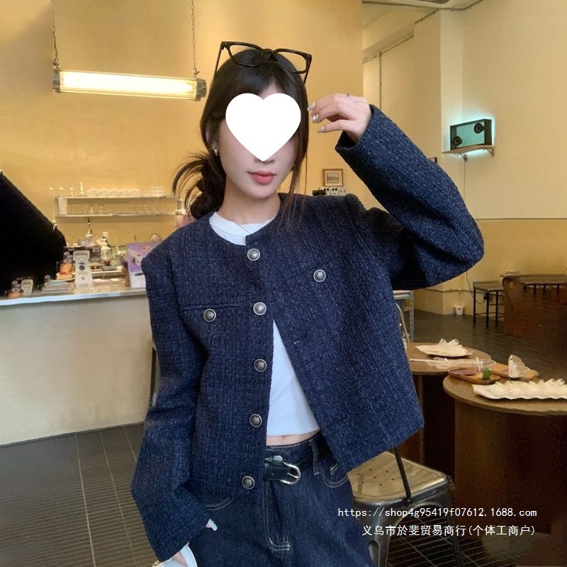 Navy blue short Chanel-style jacket for women, 2026 autumn/winter, single-breasted retro style, high-end loose long-sleeved top.