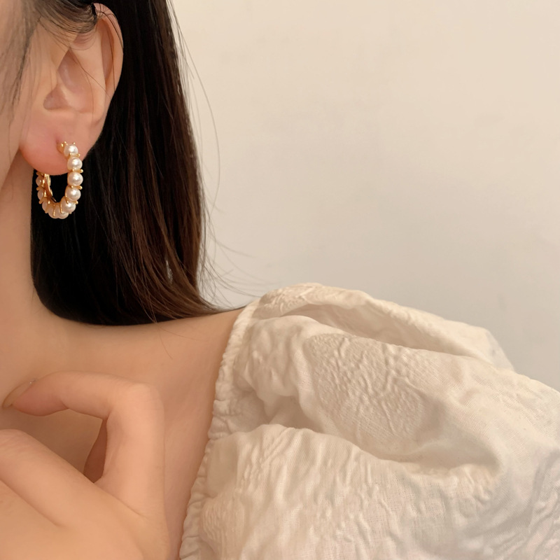 1 Pair Quantity Daily Occasion Copper Material 1 Pair Elegant Round Plating Inlay Copper Pearl Hoop Earrings