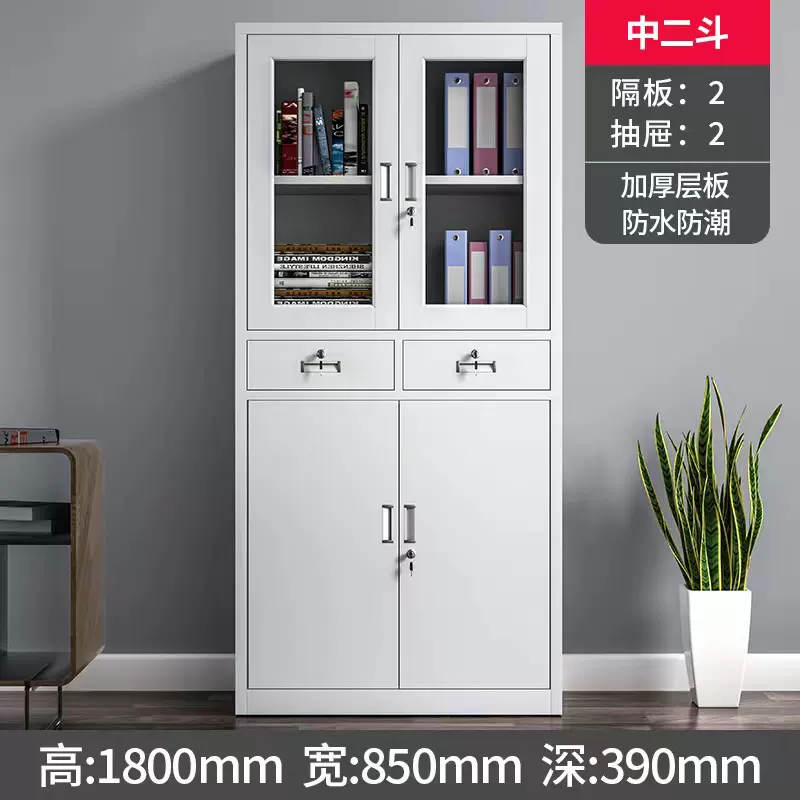 办公室文件柜铁皮柜灰2抽整装上玻璃下铁门中二抽档案资料柜