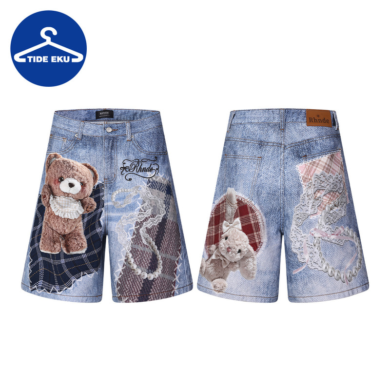 Tideeku Y2K American-Style Cute Doll Denim Shorts with Pearl Chain and Cartoon Bear and Rabbit Print Shorts