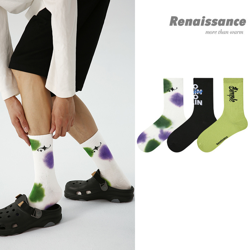 Renaissance original men's socks trendy polka dot letter printed mid-calf socks gift box breathable Xinjiang cotton socks men