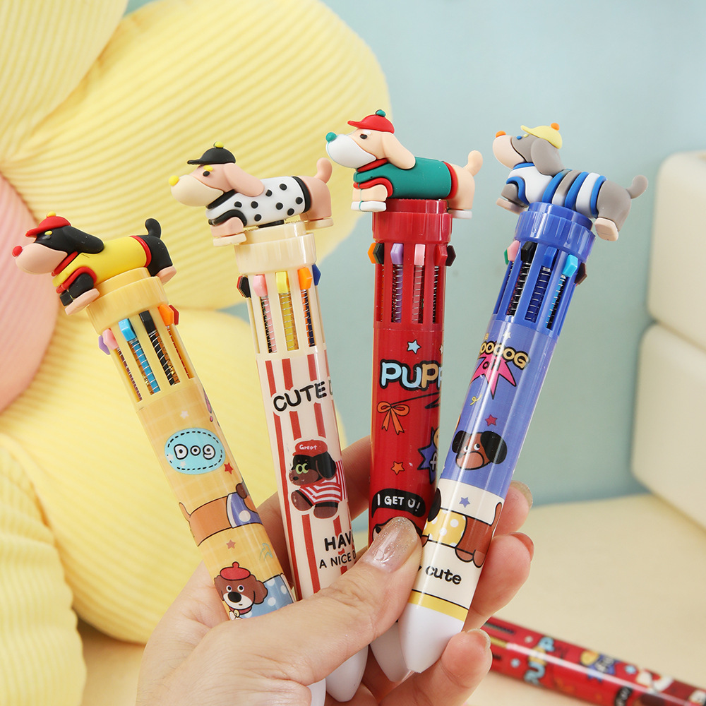Cartoon Corky perros bolígrafos de diez colores lindos bolígrafos multicolores de alto valor de cara 10 bolígrafos de color para estudiantes pequeños regalos