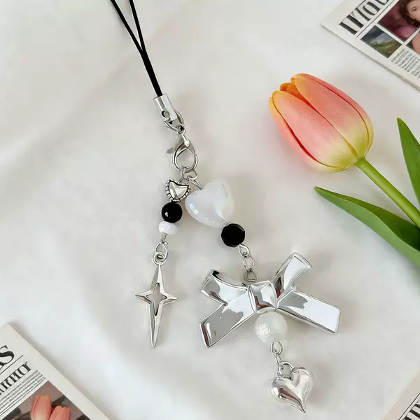 New Ins-Style Phone Chain with Silver Bow, Versatile Pendant, Polaroid Card Holder, Heart-Shaped Bag Charm