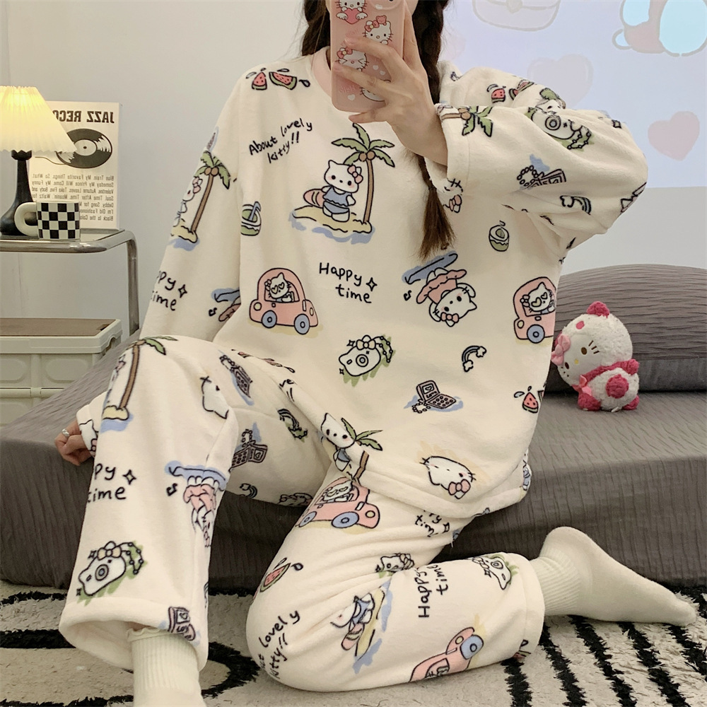 Al por mayor transfronterizo otoño y invierno nuevos pijamas de niñas de franela gruesa hoodie de cuello redondo dibujos animados calentamiento conjunto de ropa doméstica