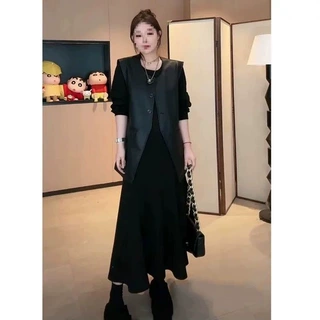 轻熟女大码气质收腰长袖连衣裙马甲两件套mm子秋季高级显瘦裙盐系