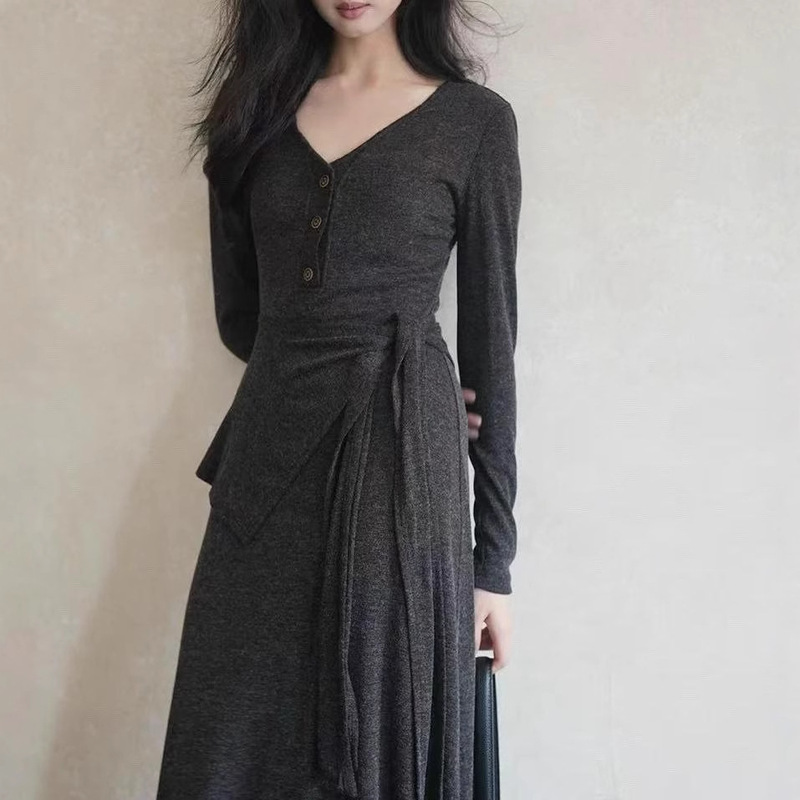 Er Yang Design [Chang Lao] Chinese Style New Minimalist Knitted V-Neck Long Slim Dress for Women in Autumn and Winter