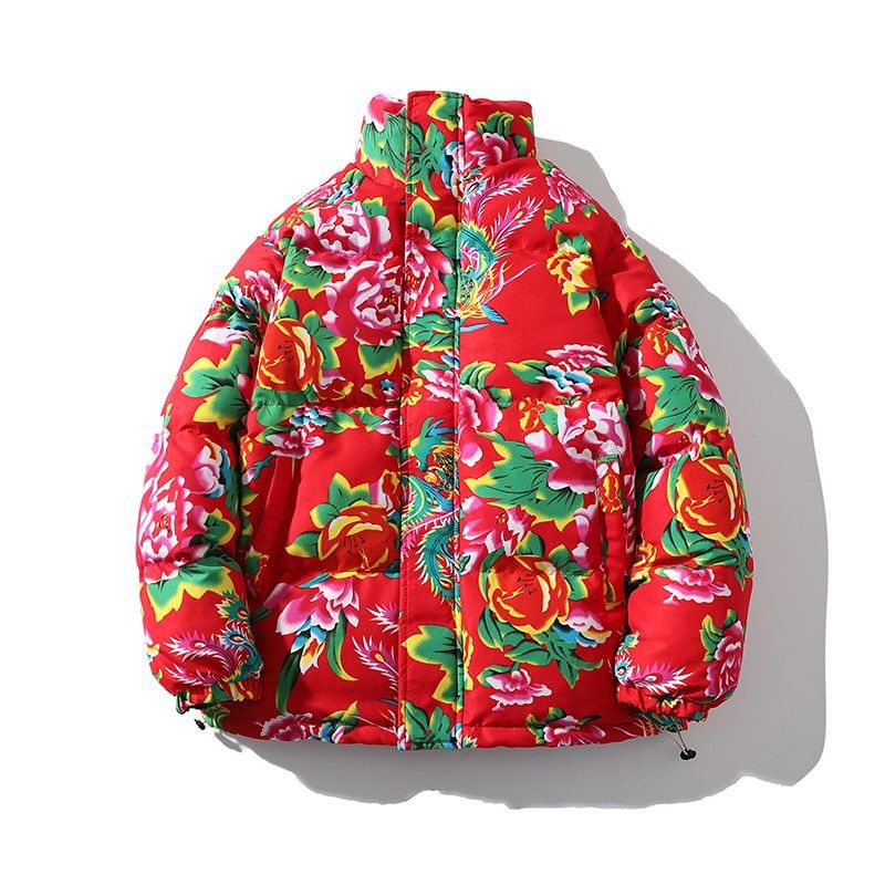 Northeast China floral print cotton-padded jacket, popular on Douyin (TikTok), unisex, Chinese style, peony flower, thick cotton-padded coat, winter warm coat.