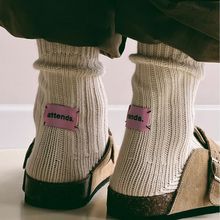 粉色粗线布标袜子女ins潮高筒袜双针日系小众设计街头运动中筒袜
