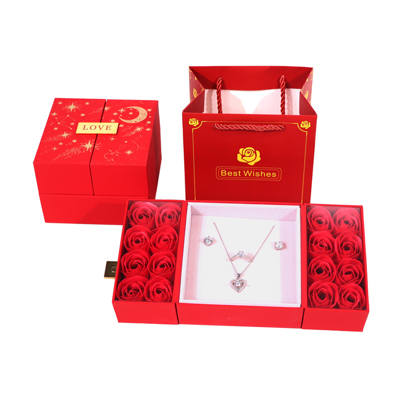 月满双匣16朵永生花礼盒耳钉戒指项链首饰礼盒双开门礼盒高档