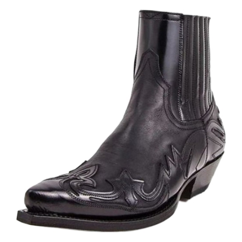 Manufacturer Export Low Heel Pointed Toe Pu Leather Splicing Printed Boots Classic European and American Style Men's Boot Size