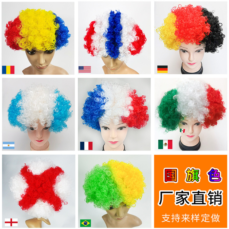 Colorful Synthetic Afro Clown Wigs with Flags of Various Countries for Football Fans, Celebrations, and Parties