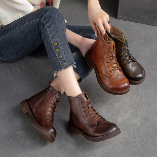 Shanghai Jie shu autumn and winter New retro fashionable women's boots side zipper fashionable hand-brushed top layer cowhide casual women's shoes