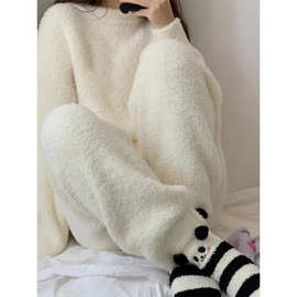 睡衣女秋冬季加绒加厚学生少女软绵绵半边珊瑚绒可外穿家居服套装