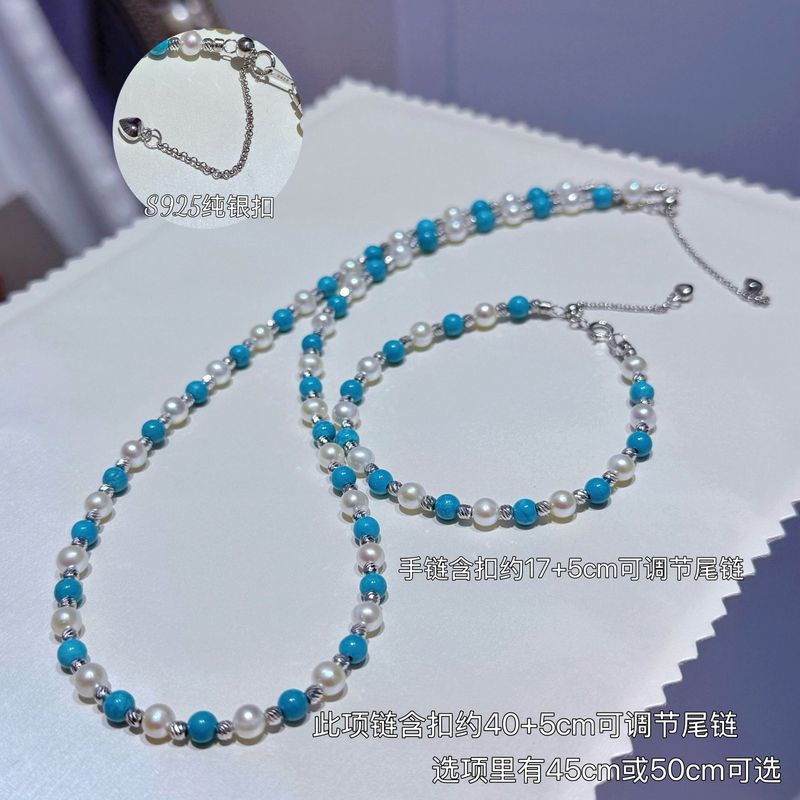 夏日清凉感天然淡水4-5mmAK珍珠复古松石手链项链通体纯银套装|undefined