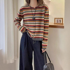 韩系圆领长袖彩色条纹针织开衫女秋季新款时尚洋气百搭毛衣外套潮
