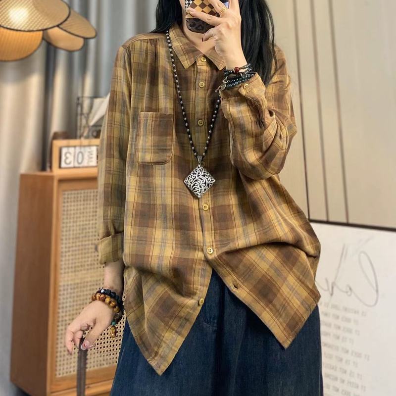 春秋新款翻领双层棉纱格子长袖衬衫女文艺休闲格子衬衣色织棉开衫|undefined