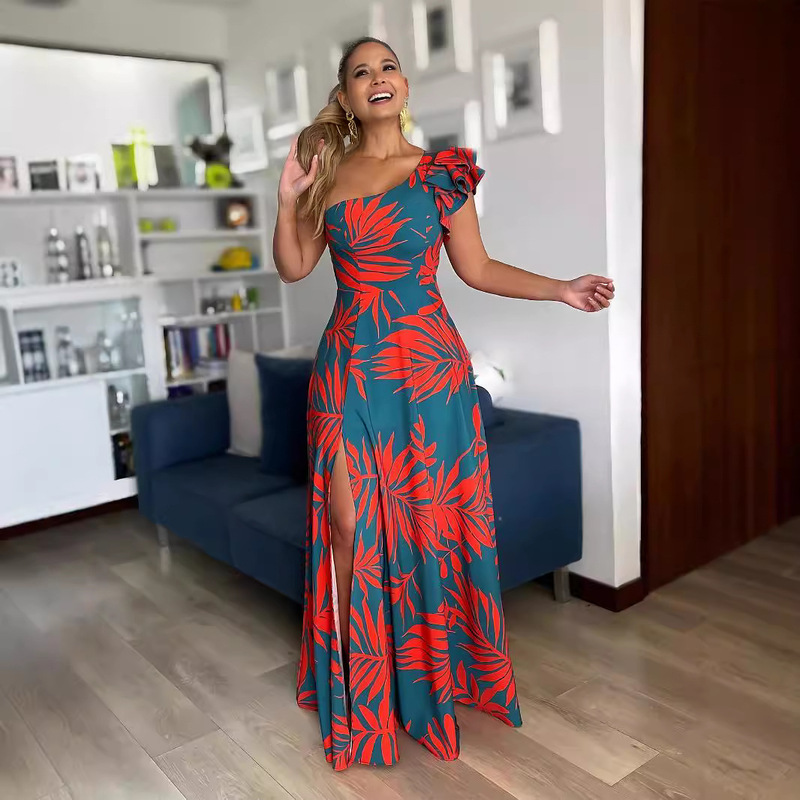 10527 European and American Cross-border Women's Half-shoulder Banquet Evening Dress dress Sexy High Split Elegant Women's Long Dress