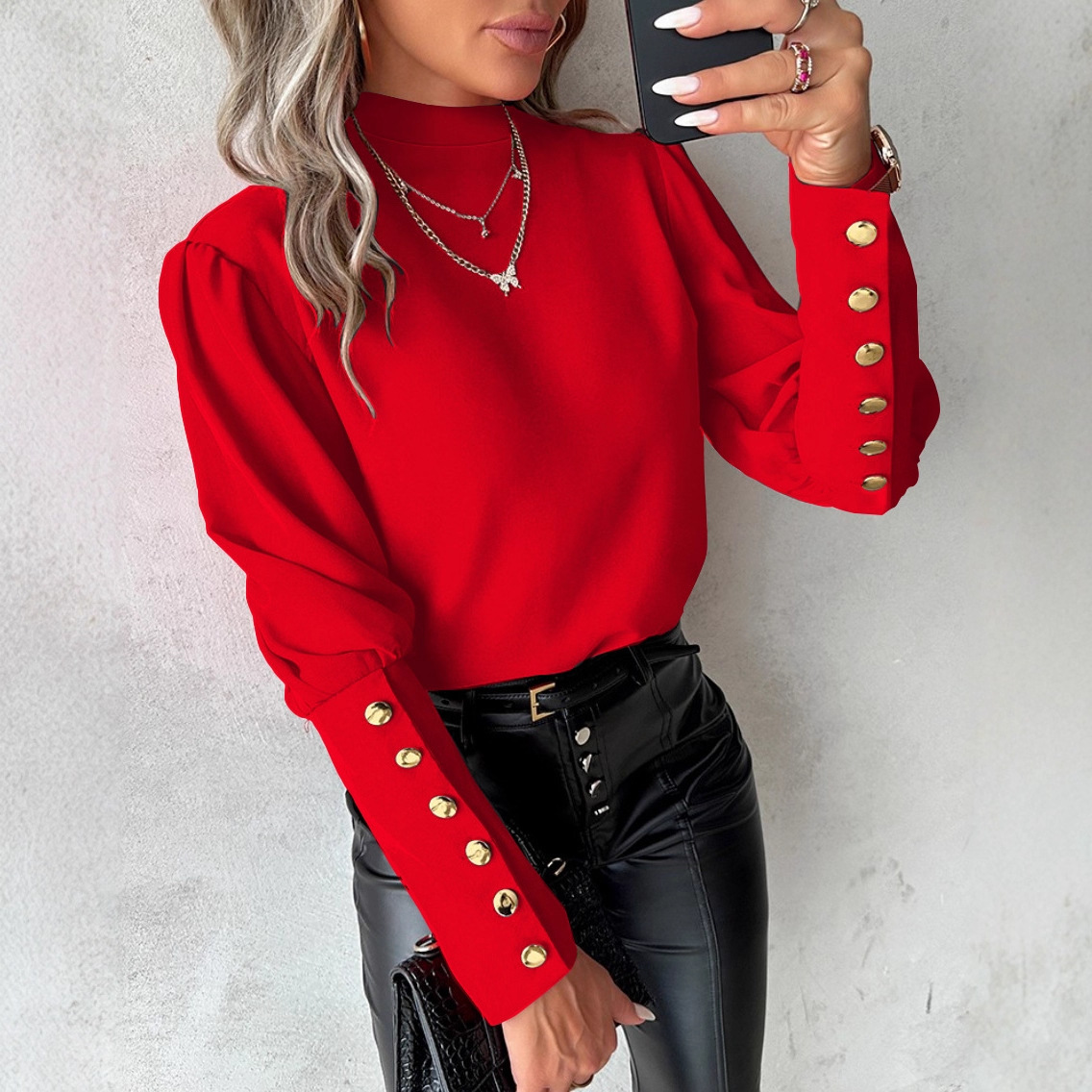 2024 estación independiente deseo Amazon popular primavera y otoño de manga larga color sólido encaje cuello redondo botón camisa para las mujeres