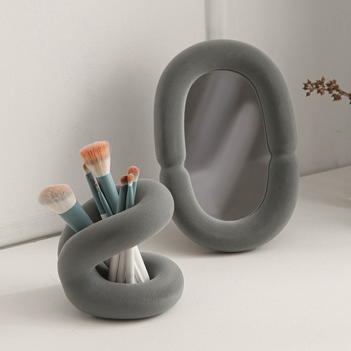 Marshmallow luxury bedroom dresser ceramic flocking Internet celebrity makeup mirror home desktop desktop decorative mirror