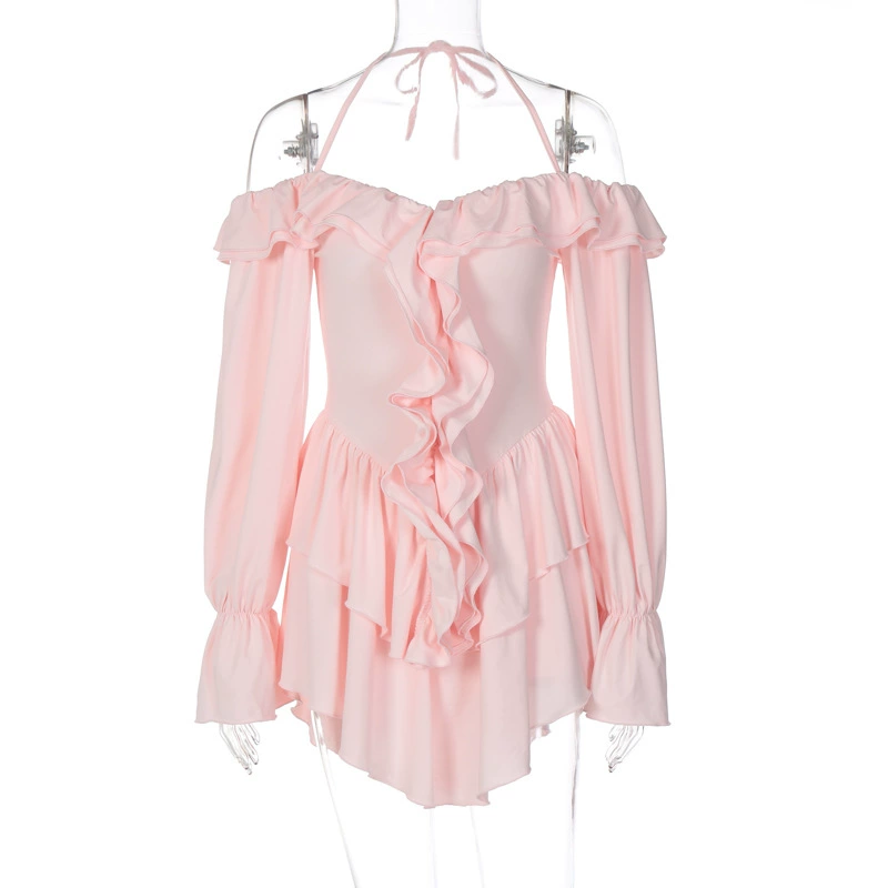 Свадебное/halter off-shoulder мини-платье, европейский стиль, воланная летняя комбинация, 83% полиэстер