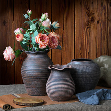 复古粗陶陶罐花瓶摆件中式花盆家居插花土培干花客厅手工做旧仿古