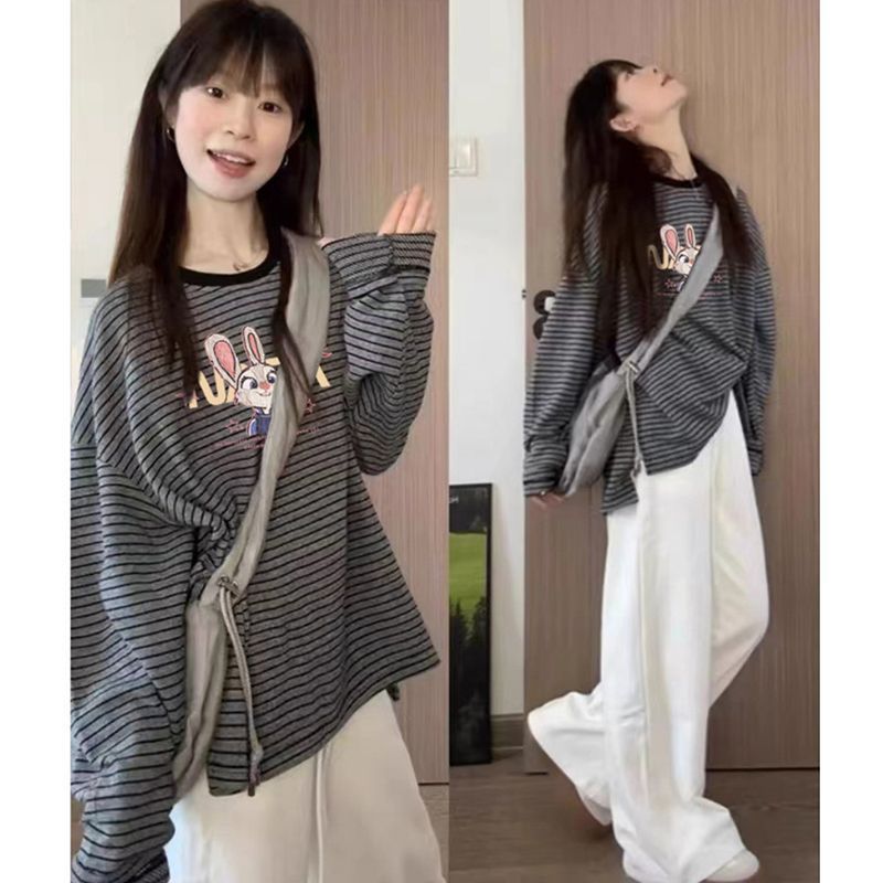 黑色纯棉条纹长袖T恤女秋冬2025新款洋气宽松慵懒风圆领百搭上衣|undefined
