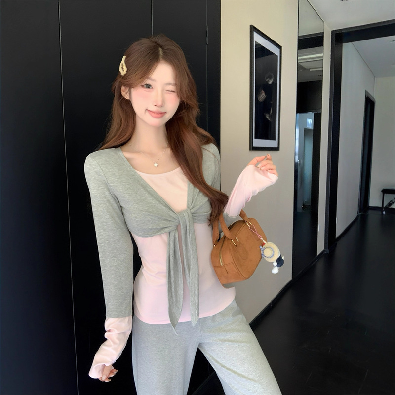 实拍撞色拼接百搭假两件上衣小众设计系带简约收腰显瘦T恤女89337|undefined