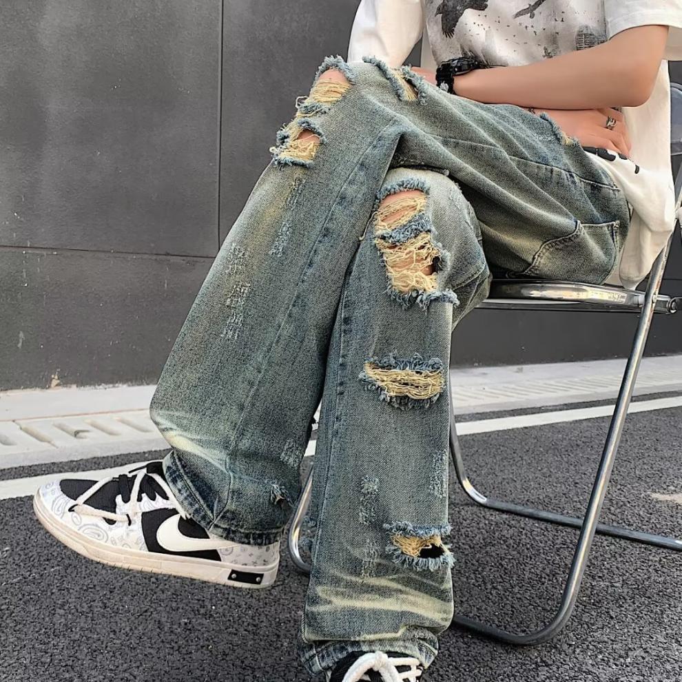 boy Ripped Jeans For Men, Trendy Brand, European And American Street Style Pants, Vintage High Street, Distressed Washed_viptrois.com