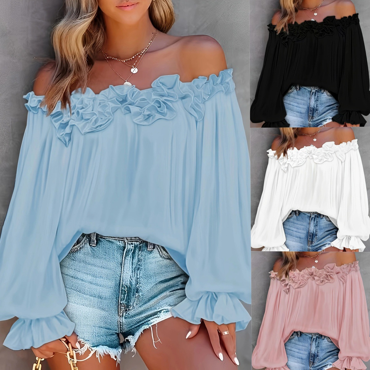 2025 Spring and Summer Women's New Pure Color European and American Export Wholesale Fashionable White Ruffled One-Shoulder Long-Sleeved Top