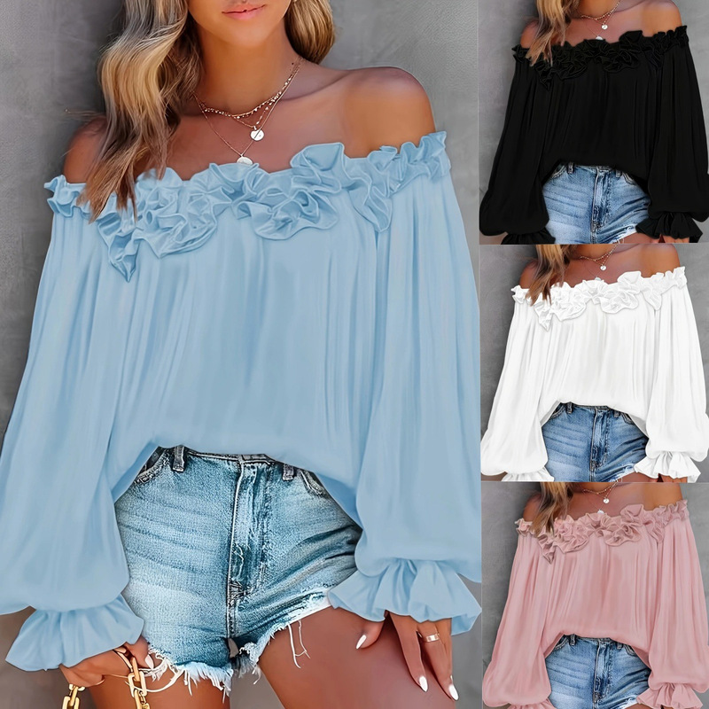 25 In-Stock European Size Cross-Border Foreign Trade Women's Solid Color Casual Fashion Vacation Ruffled Off-Shoulder Long-Sleeve Top 25 In-Stock European Size Cross-Border Foreign Trade Women's Solid Color Casual Fashion Vacation Ruffled Off-Shoulder Long-Sleeve Top