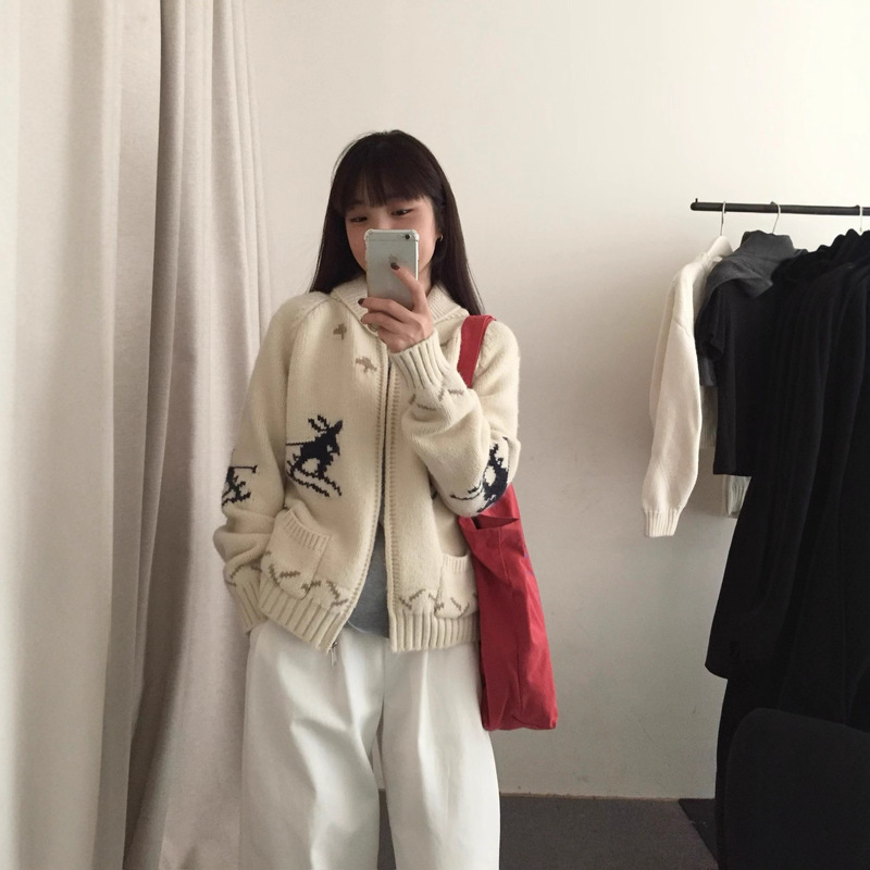 Korean Retro Jacquard Ski Collar Sweater Cardigan for Women Autumn and Winter New Loose Soft Waxy Zipper Knitted Jacket