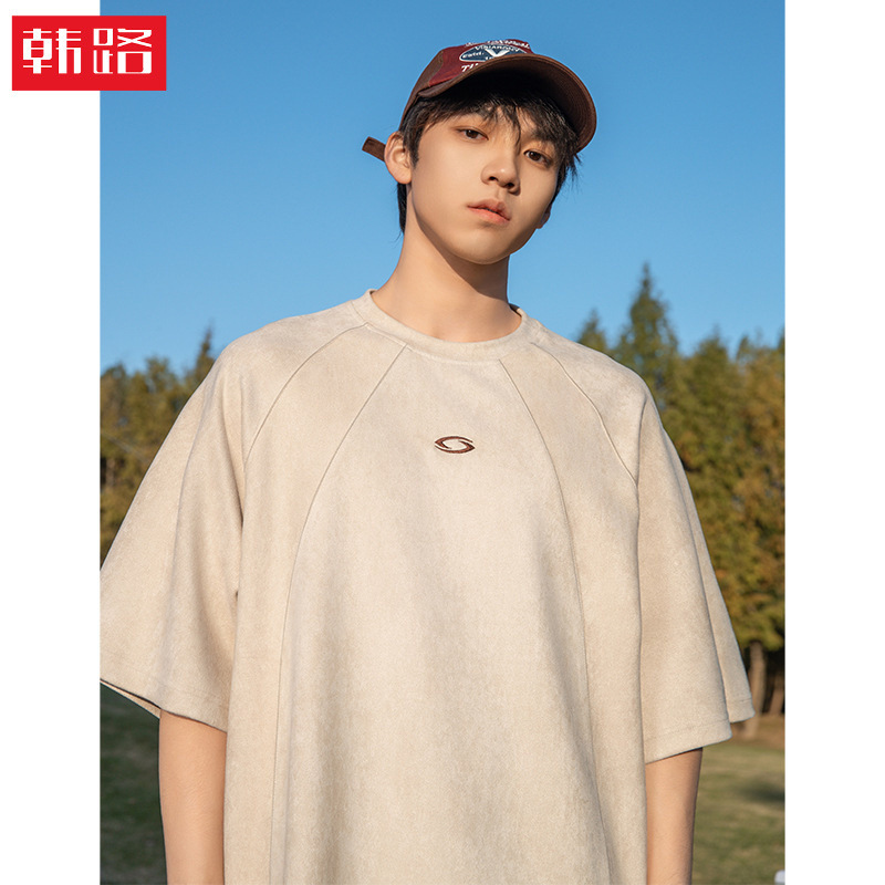 Textured Suede Short-Sleeved T-Shirt for Men 26 Summer Split Splicing Design American Retro Couple Loose T-Shirt Q