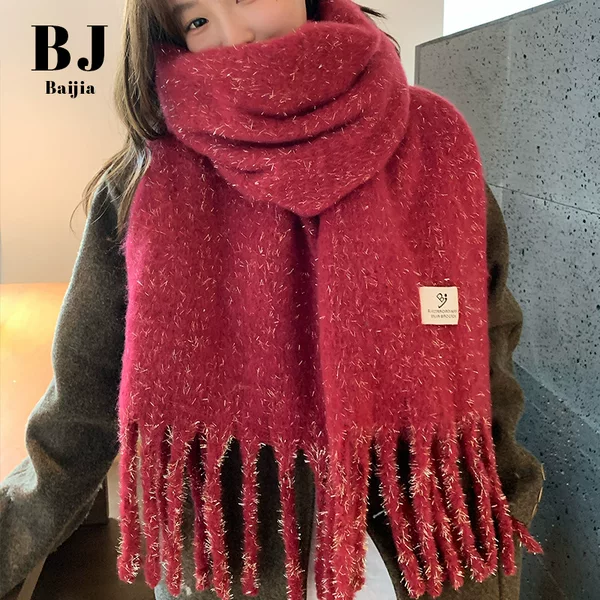 Customized New Year and Christmas Imitation Cashmere Versatile Scarf for Women, High-End Tassel Pure Color Scarf, Thickeneded Warm Shawl