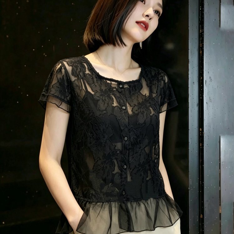 Original Design Dropshipping Mesh Patchwork Three-Dimensional Jacquard Craft Blouse 2026 Summer New Fashion Stylish Top Original Design Dropshipping Mesh Patchwork Three-Dimensional Jacquard Craft Blouse 2026 Summer New Fashion Stylish Top