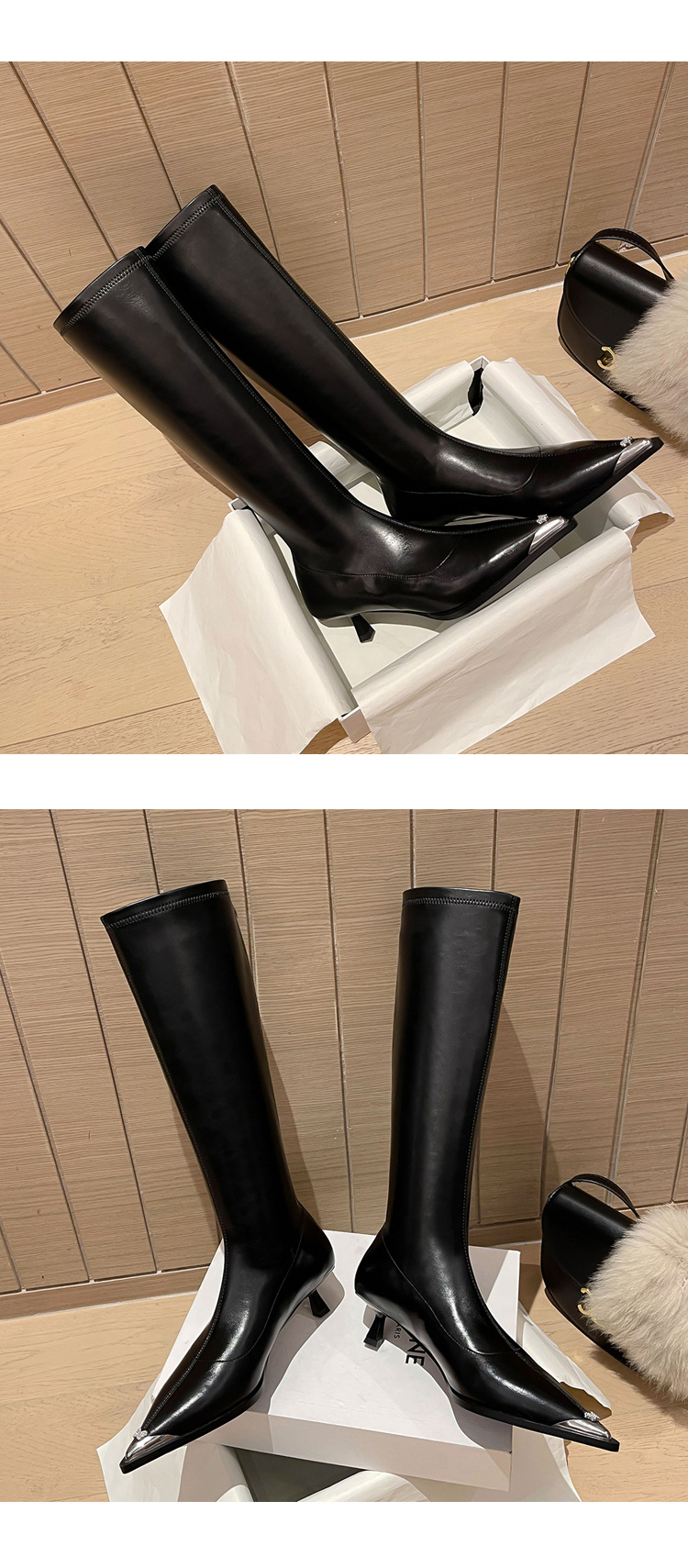 Bốt nữ cổ cao mũi nhọn kim loại co giãn, phong cách kỵ sĩ cao gót thon gọn — Màu kaki lót nhung chi tiết 25