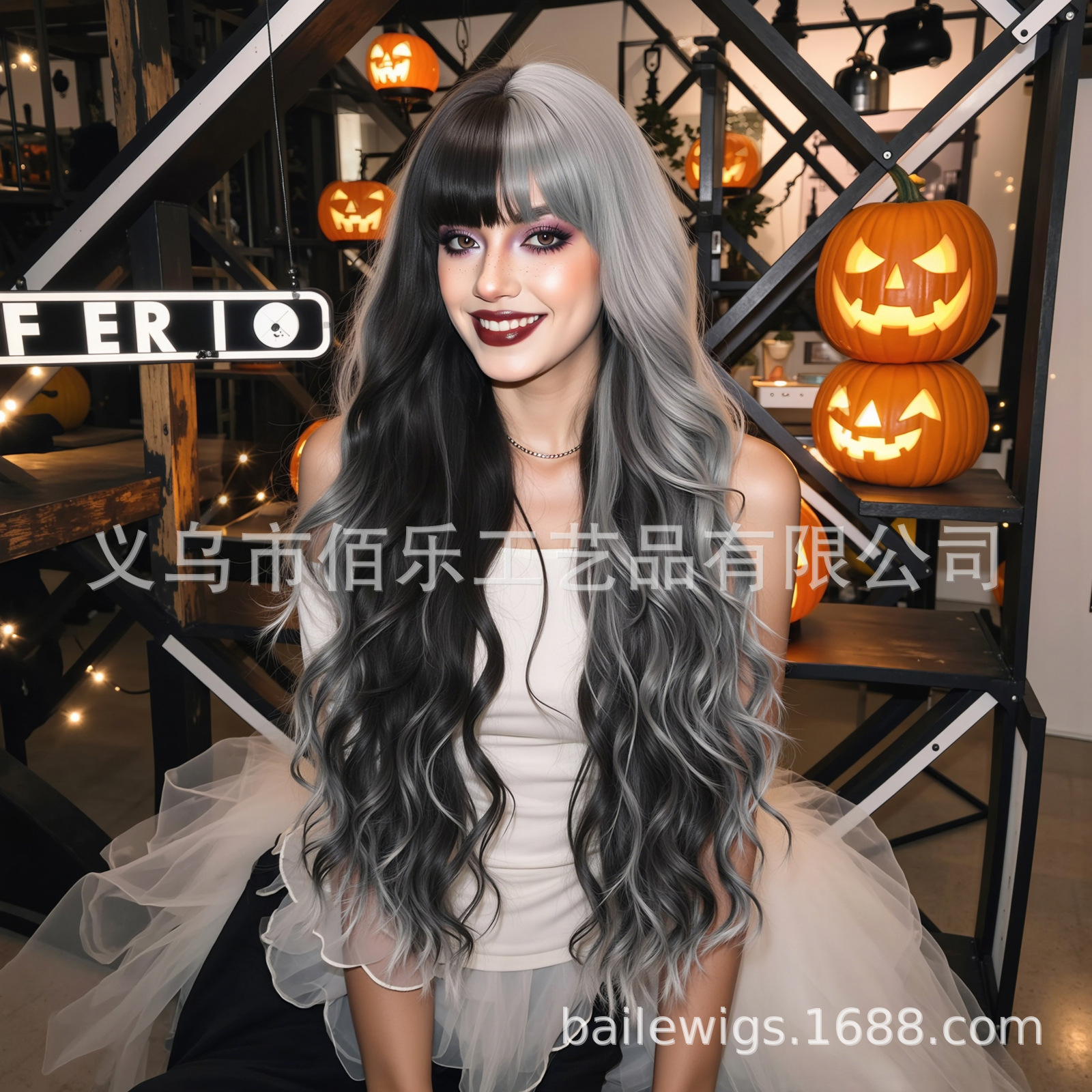 Perucas grises negras, rizos largos, cubierta de cabeza completa, Halloween, cos fibra química, cabello femenino, Europa y América en stock.