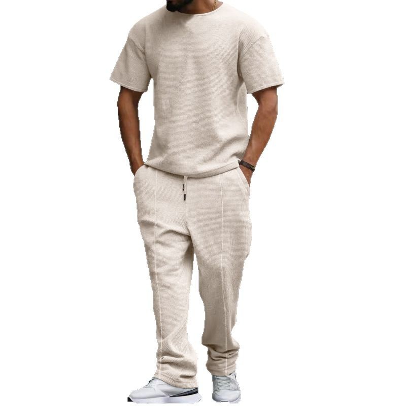 Los pantalones de manga corta de los hombres europeos y americanos se adaptan a la galleta pesada oversize Plus size Amazon cuello redondo traje casual