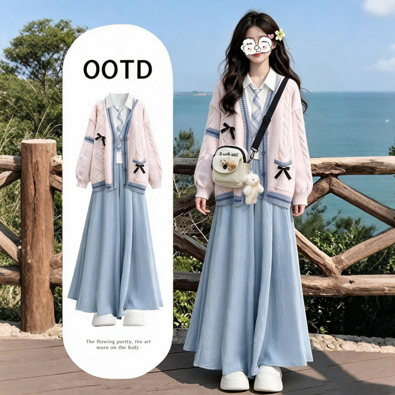 Early Autumn Women's Suit Set 2026 New Style, Fresh and Elegant Three-Piece Set for Female Students, Cardigan Sweater Jacket Shirt Pants Skirt