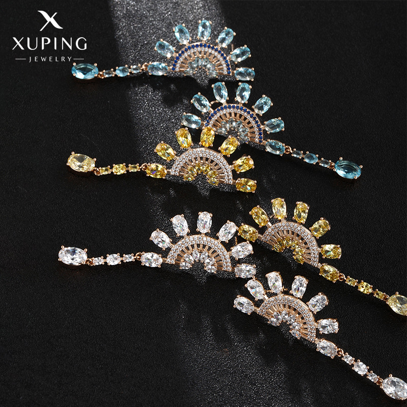 Pendientes de gema artificial coloridos de la joyería de Xupin con incrustaciones de pendientes largos de la borla en forma de abanico semicírculo para las mujeres