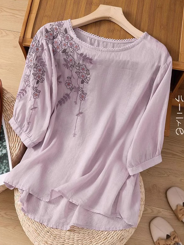 刺繍入りコットンとリネンの女性用半袖Tシャツ2025夏新作マザーズハイエンドリネンとラミールーズスリミングトップ|undefined