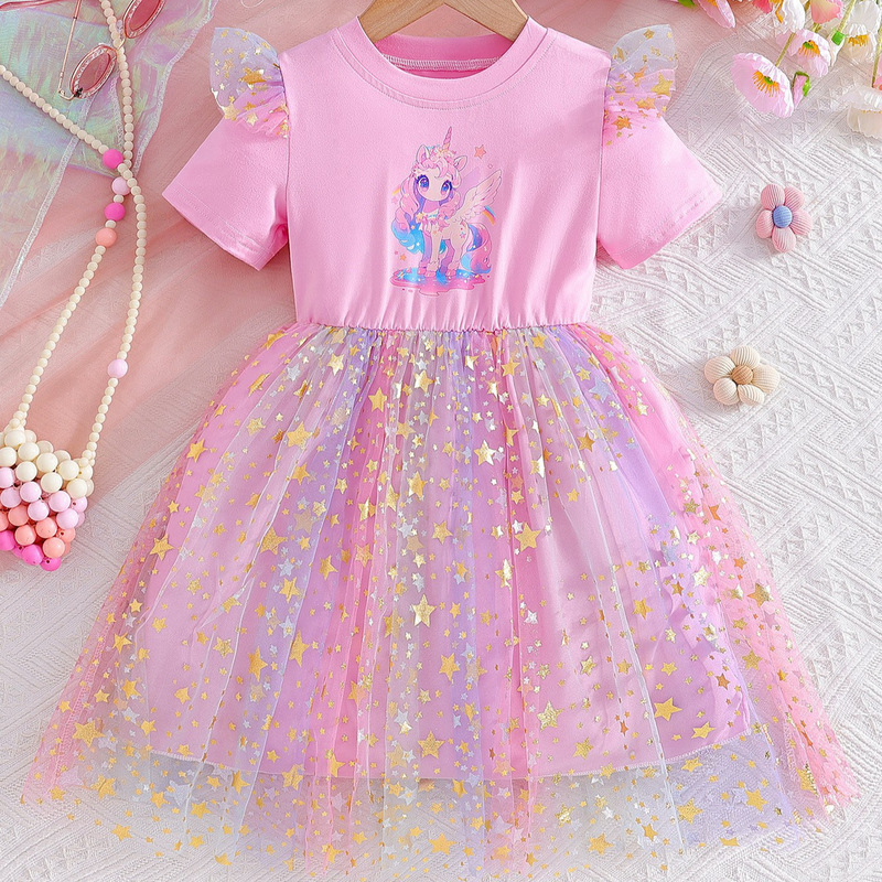 Foreign Trade Girls' Dresses Summer 2026 New Style Little Girl Dress Mesh Cartoon Unicorn Princess Dress Trendy