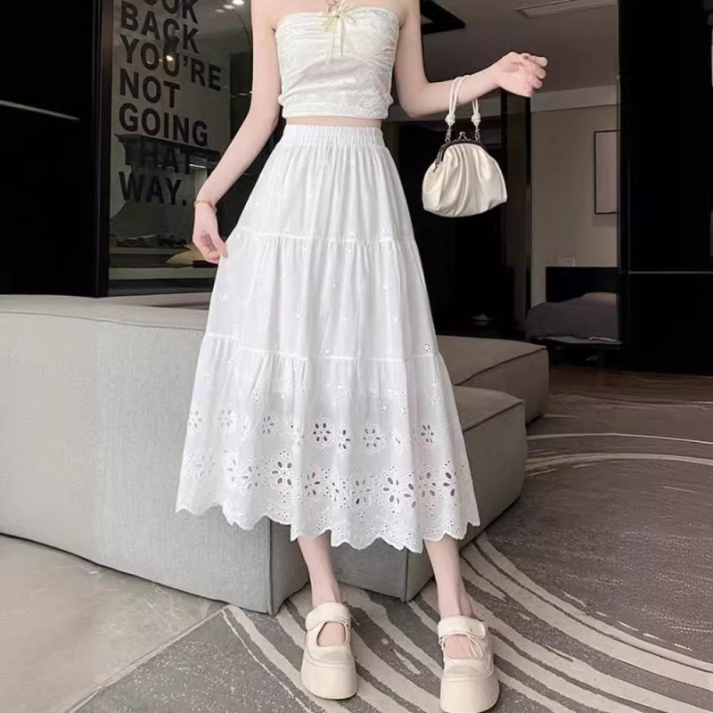 White Hollow-out Embroidered Skirt Women's Summer Elasto High Waist A- Line Skirt Small Medium-length Large Swing Umbrella Skirt White Hollow-out Embroidered Skirt Women's Summer Elasto High Waist A- Line Skirt Small Medium-length Large Swing Umbrella Skirt