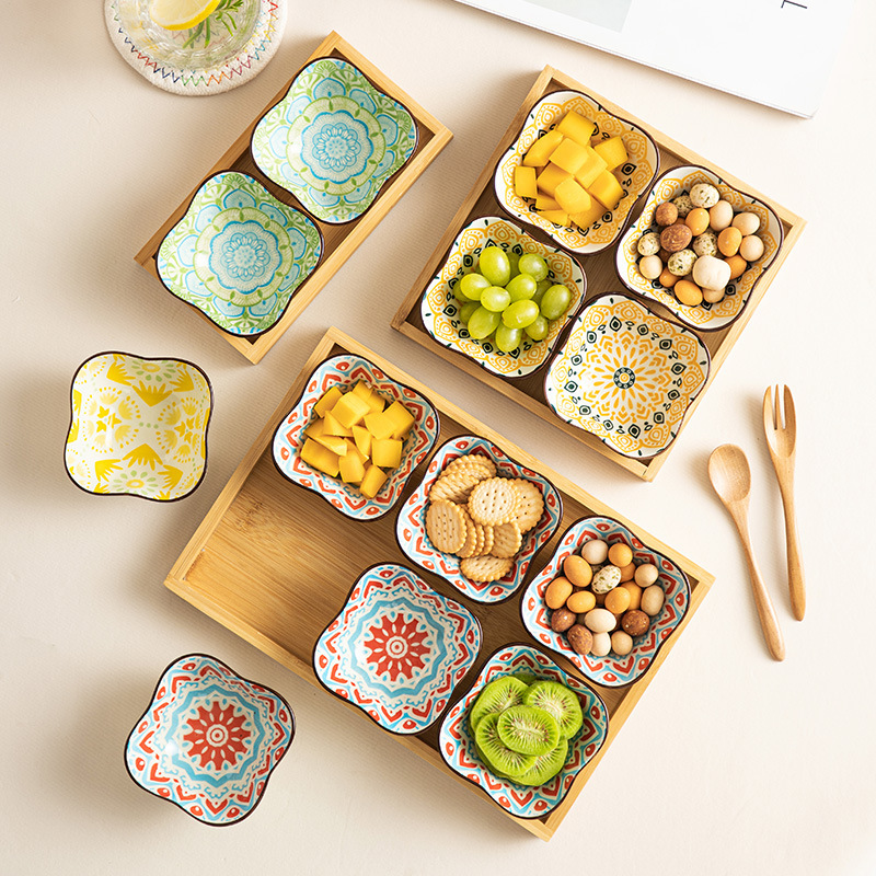 Bohemian Style Underglaze Ceramic Flower Bowl Household Restaurant Sauce Bowl Hot Pot Seasoning Dish Snack Small Flavor Dish