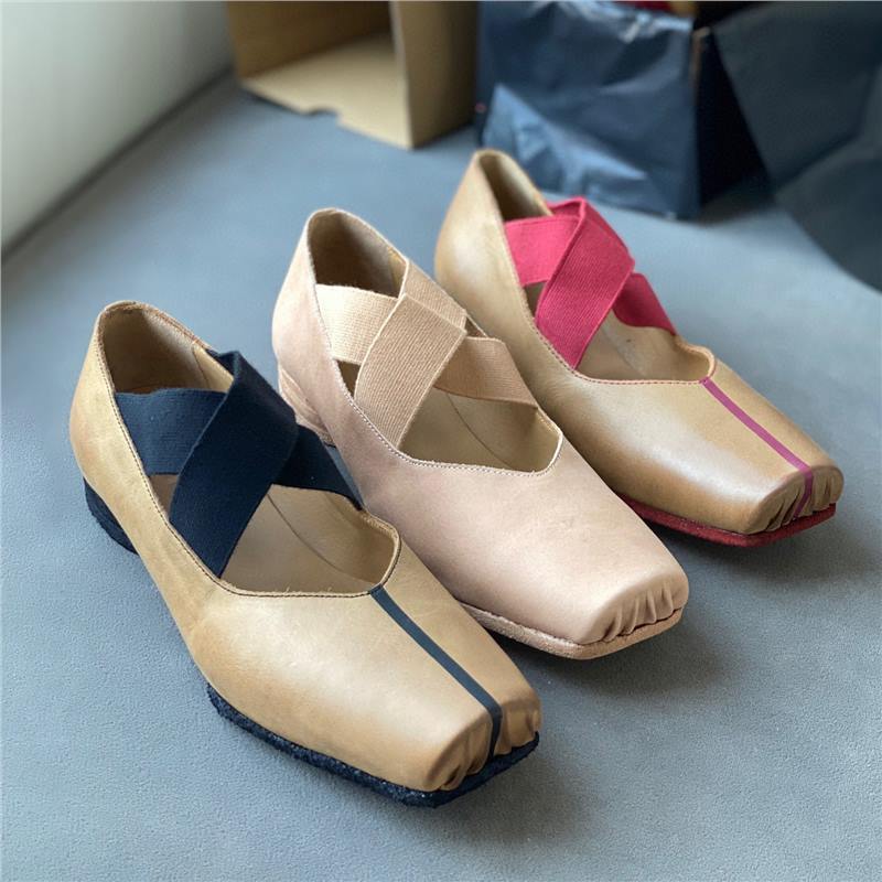 Washed cowhide pig nose ballet shoes hand-made Vintage Mary Jane shoes women's chunky heel square toe mid heel shoes