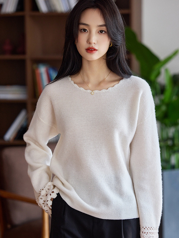 高端手工钩花圆领100%纯羊毛衫女秋冬针织打底慵懒风宽松羊绒毛衣|undefined