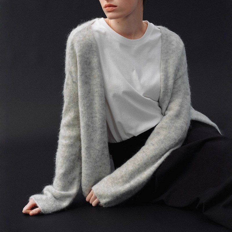 Trendy and Casual Alpaca Wool Simple Artistic Fluffy Lazy V-Neck Knit Cardigan Top for Women 36106