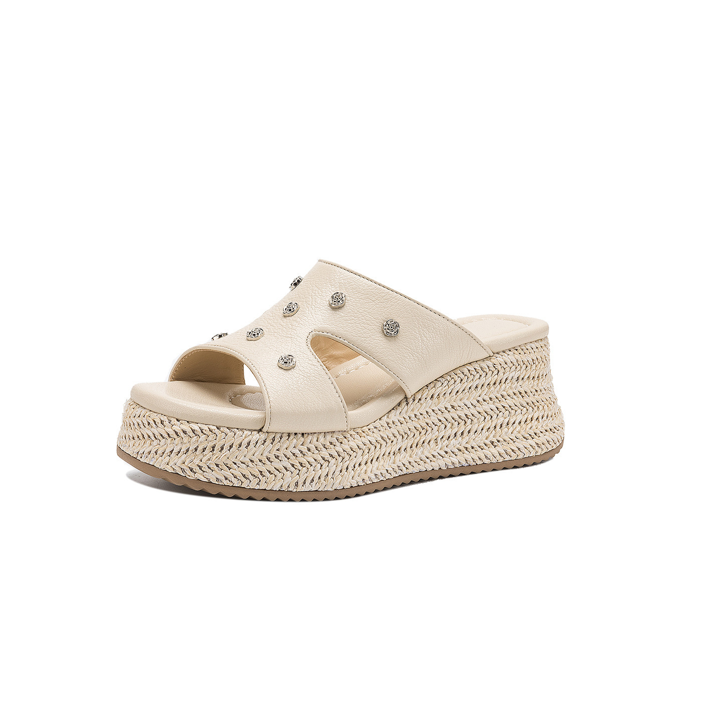 Dép sandal nữ đế dày da cừu họa tiết hoa — Trà sữa màu