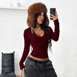 2026春款辣妹风V领坑条针织打底衫女欧美修身显瘦短款T恤跨境外贸